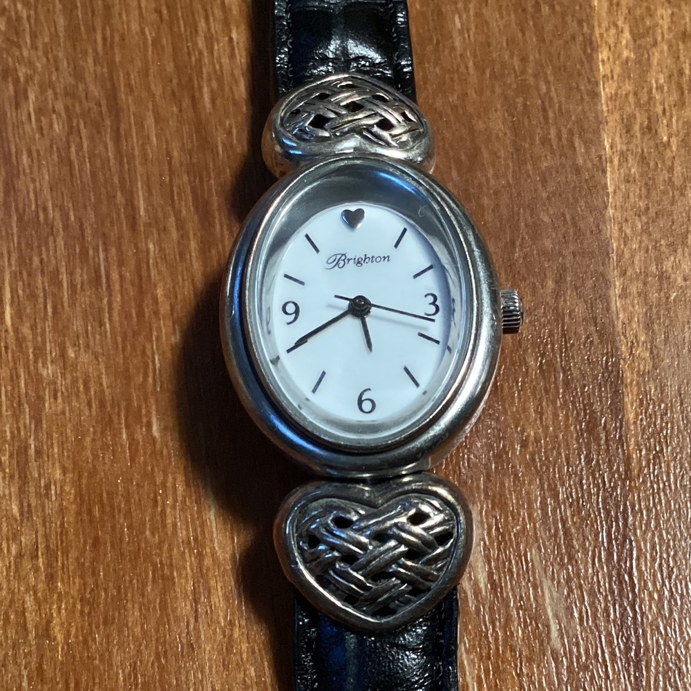 Brighton Glasgow Silver Tone Black Genuine Leather Band Watch